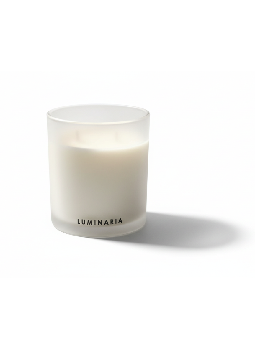 Large frosted glass jar candle with wooden lid and 'Cashmere' label by Luminaria Candle Company on a white background