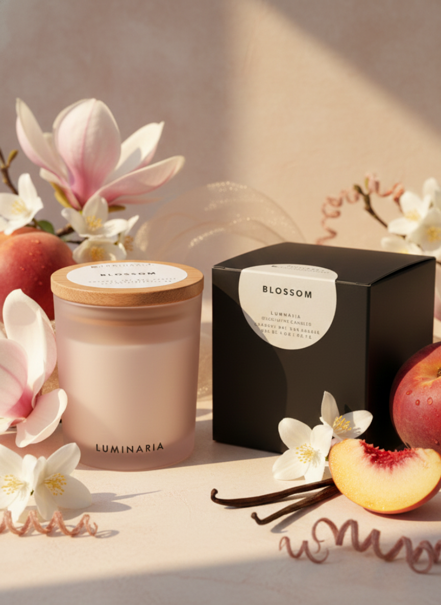 Frosted glass candle jar with Luminaria label surrounded by flowers and fruit on a light surface