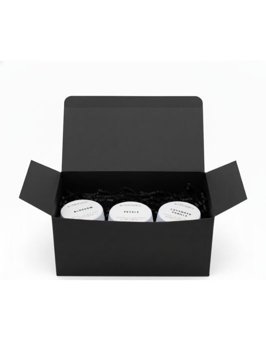 Open black gift box containing three white 2 oz candles in tins labelled Blossom, Petals and Lavender Vanilla on a white background.