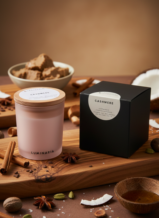 Frosted glass jar candle with wooden lid and 'Cashmere' black box on a rustic wooden surface adorned with dried flowers and amber resin pieces