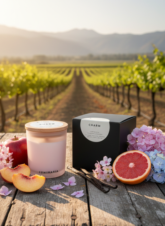 Frosted glass candle jar with wooden lid and 'Charm' label next to a black box, citrus fruits and flowers on a wooden surface with a scenic vineyard background.