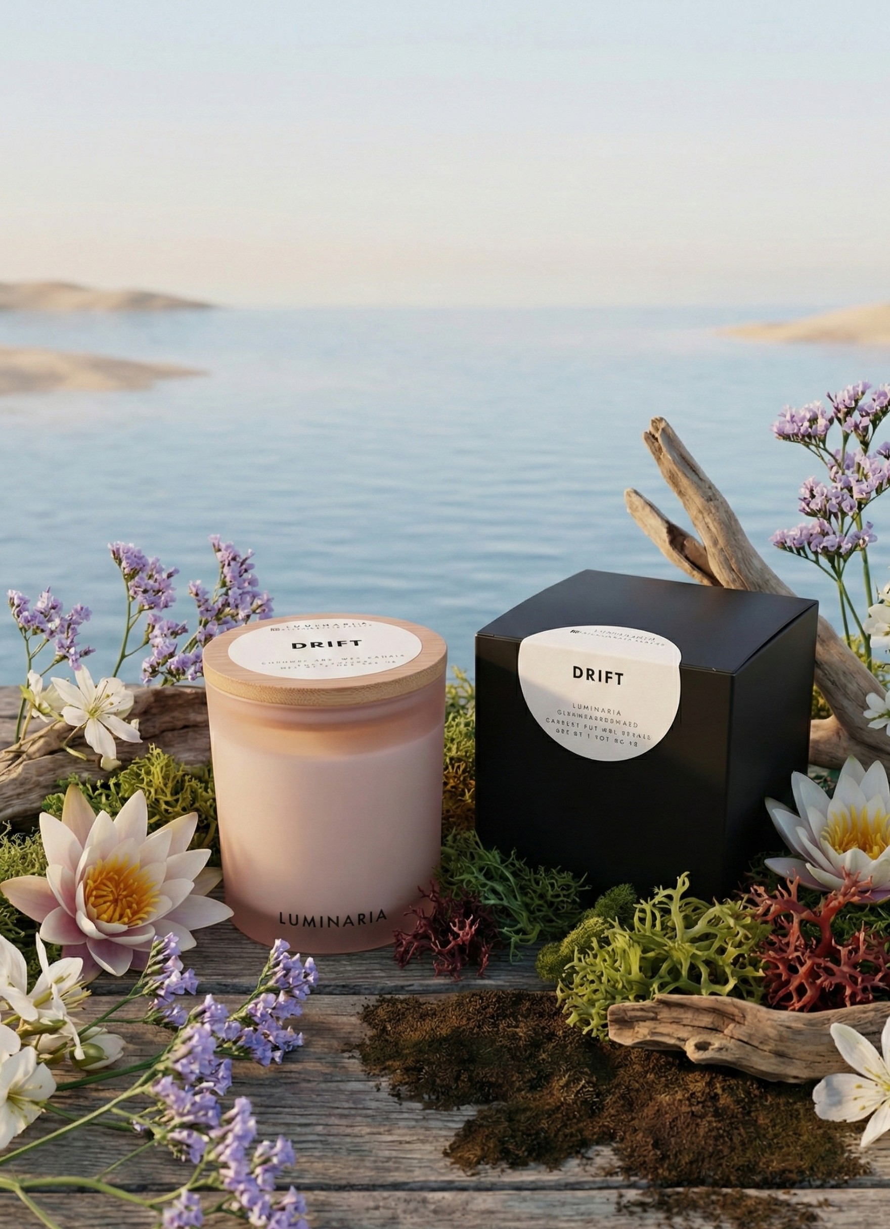 Pink frosted glass jar candle with wooden lid and black cube box labeled “DRIFT” resting on driftwood surrounded by flowers and greenery, with calm sea water in the background.