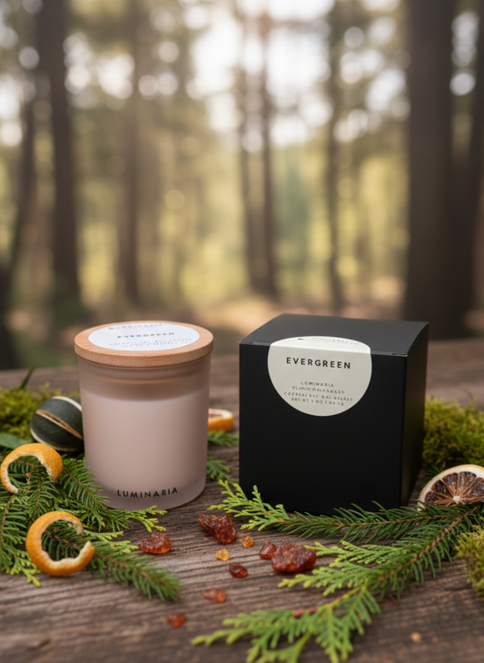 Frosted glass jar candle with wooden lid and 'Evergreen' black box on a rustic wooden surface adorned with pine branches, amber resin pieces and orange peels, with a blurred forest background.