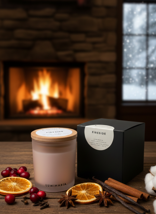 Frosted glass jar candle with wooden lid and 'Fireside' black packaging on a wooden table decorated with cinnamon sticks, dried oranges and berries, with a fireplace in the background.