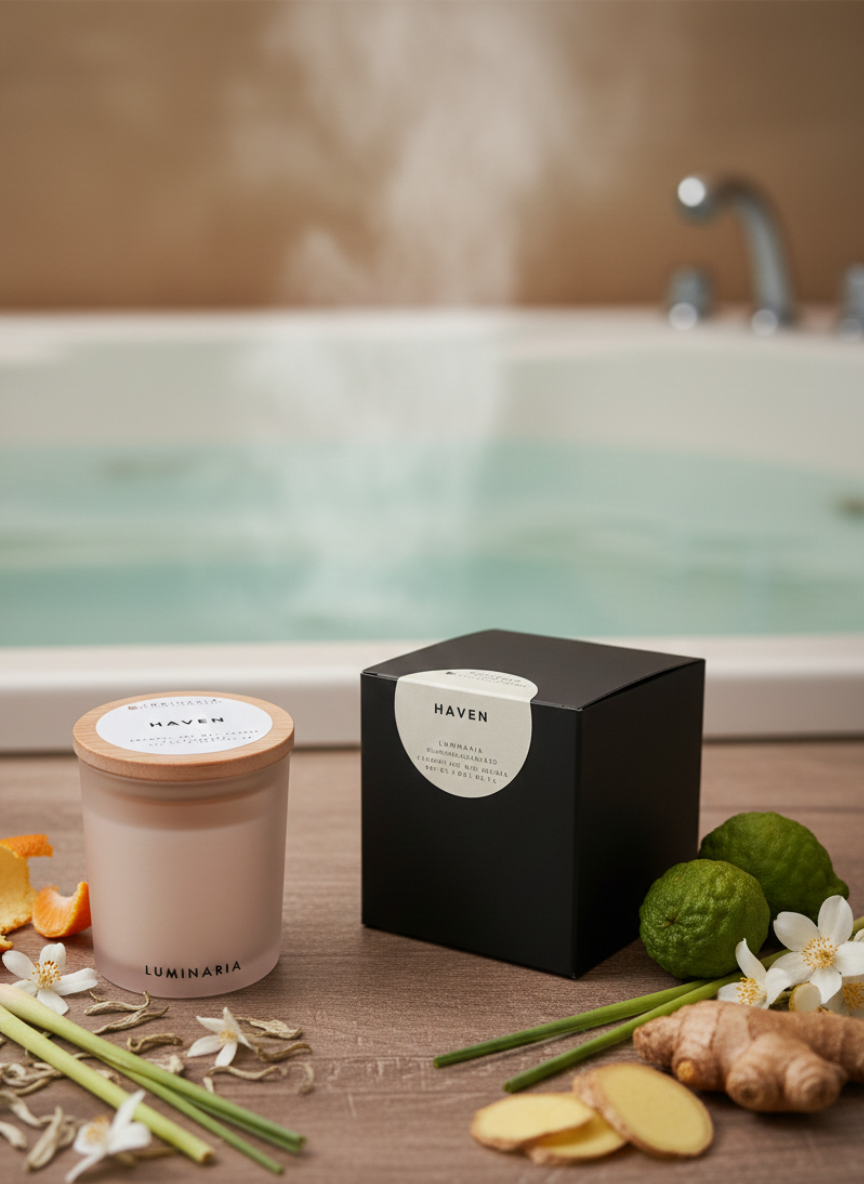 Frosted glass jar candle with wooden lid and 'Haven' black box on a rustic wooden surface adorned with dried flowers and amber resin pieces