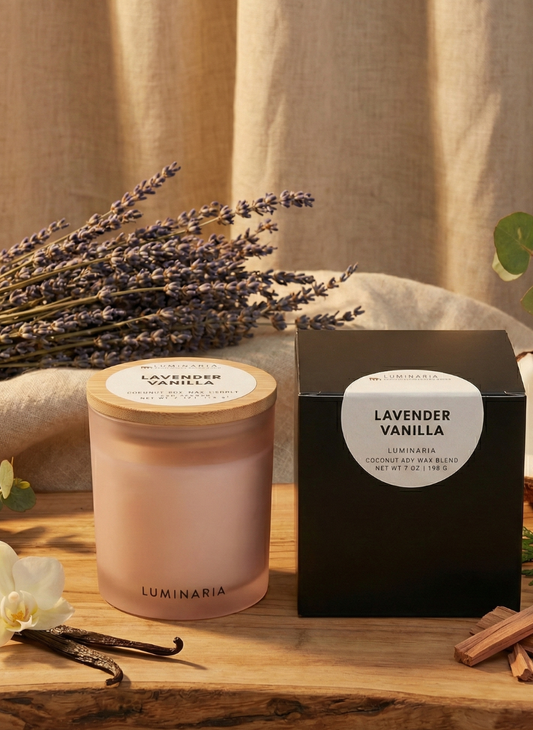 Lavender Vanilla candle and packaging on a wooden surface with lavender and vanilla beans.