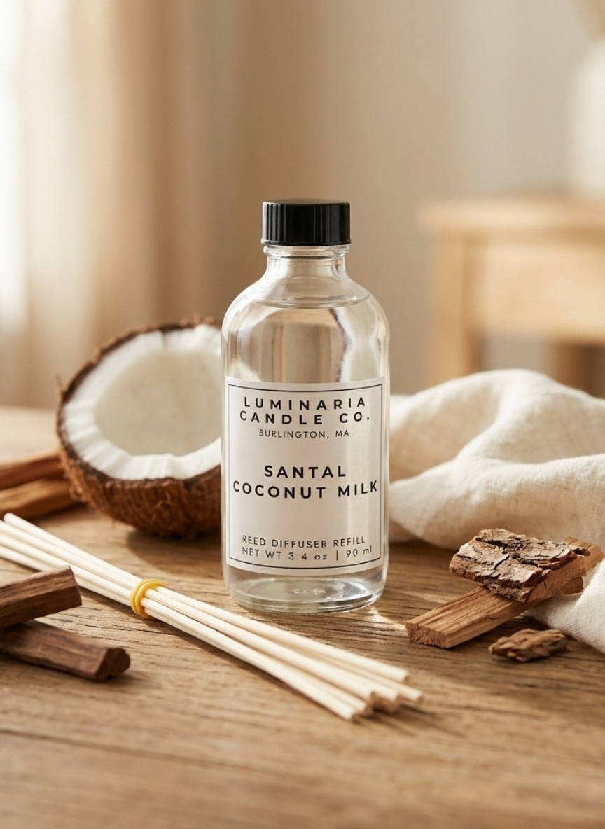 A clear glass reed diffuser bottle with a black cap and a white label reading 'LUMINARIA CANDLE CO. SANTAL COCONUT MILK' sits on a wooden surface with reeds, cinnamon sticks, a coconut half, and a white cloth in a softly lit indoor setting.