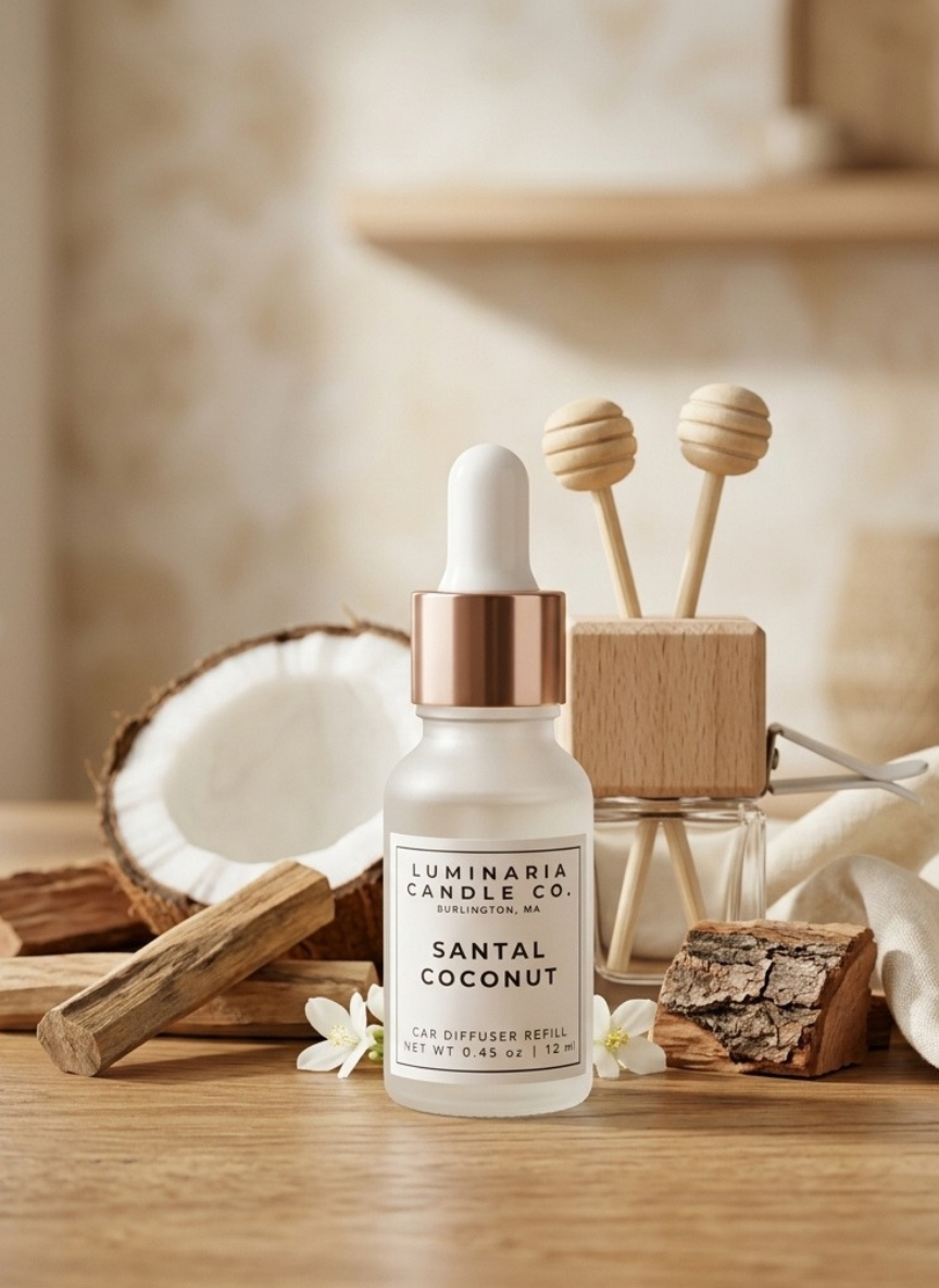 A frosted glass dropper bottle of Luminaria Candle Co. Santal Coconut diffuser oil with a rose gold collar, styled on a wooden surface with a coconut, wood pieces, and a wooden honey holder in the background.
