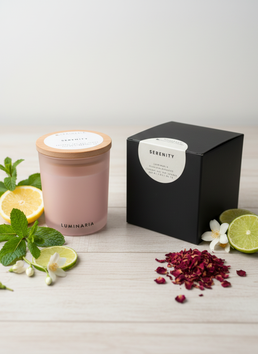 Pink frosted glass candle jar with wooden lid and black box labeled “Serenity” on a wooden table decorated with lemons, limes, mint leaves and dried rose petals.