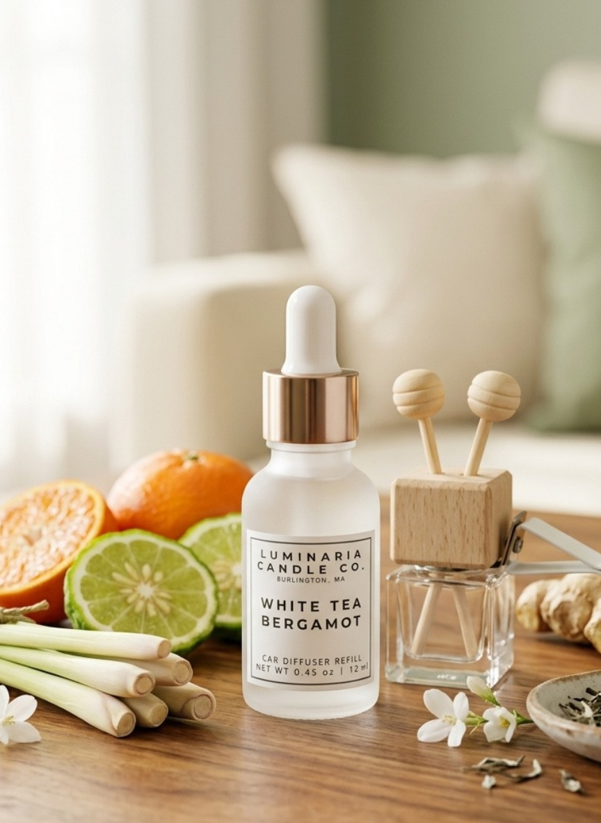 A frosted glass dropper bottle labeled LUMINARIA CANDLE CO. WHITE TEA BERGAMOT stands on a wooden table, surrounded by citrus slices, green onions, white flowers, and a small wooden diffuser in a softly blurred indoor setting.